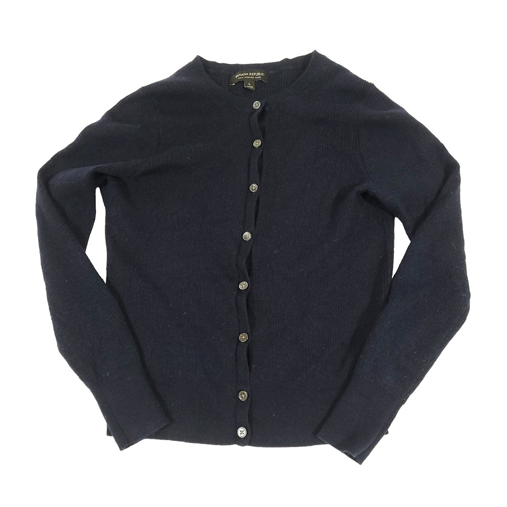 banana republic Merino Wool Ribbed Knit Cardigan L Navy Blue Button Up Preppy